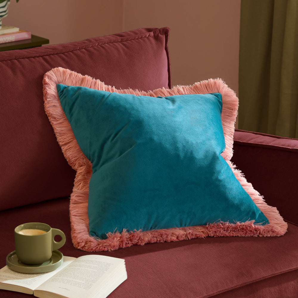 Plain Blue Cushions - Halo Fringed Velvet  Cushion Cover Teal/Blush Furn