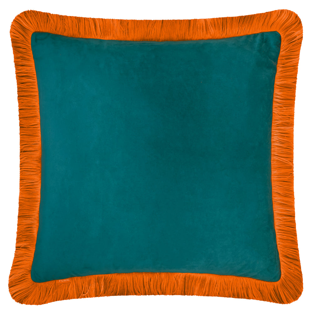 Halo Fringed Velvet Cushion Teal/Tiger
