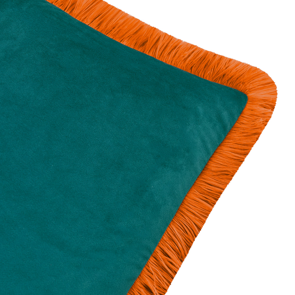 Halo Fringed Velvet Cushion Teal/Tiger