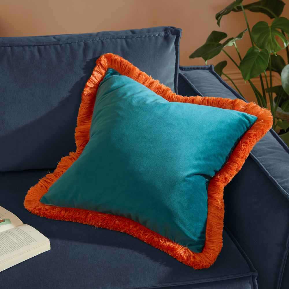 Plain Blue Cushions - Halo Fringed Velvet  Cushion Cover Teal/Tiger Furn