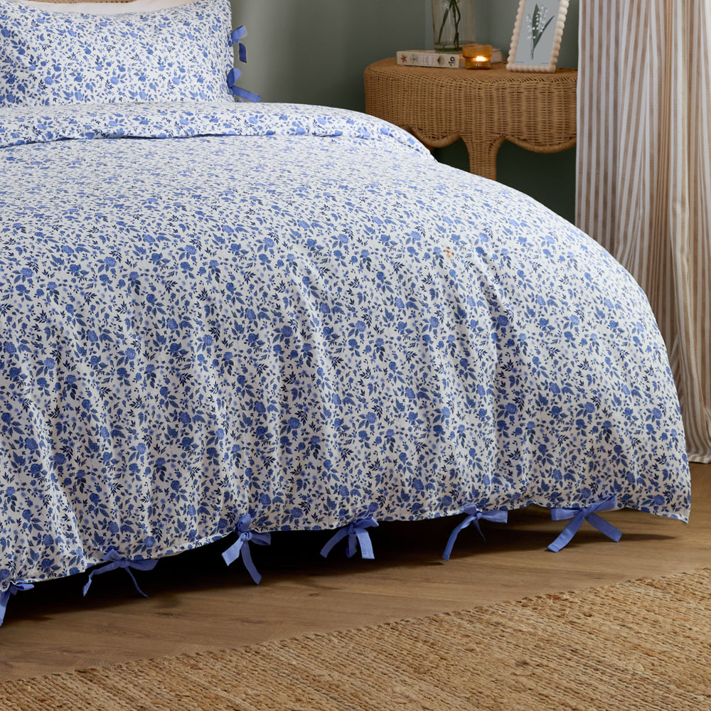 Hannah Floral 100% Cotton Duvet Cover Set Blue