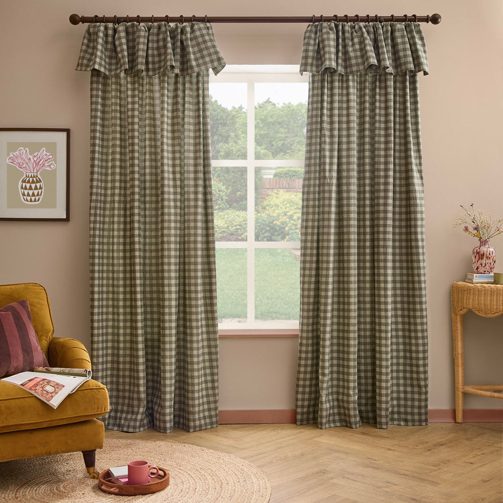 Harriet Gingham Printed Fully Lined Curtains Baygreen/Mist