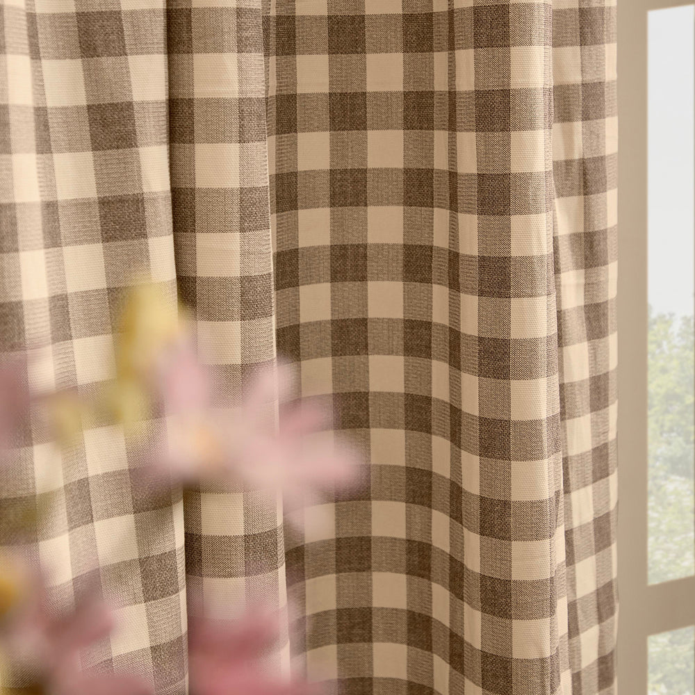 Harriet Gingham Printed Fully Lined Curtains Buttermilk/Chocolate