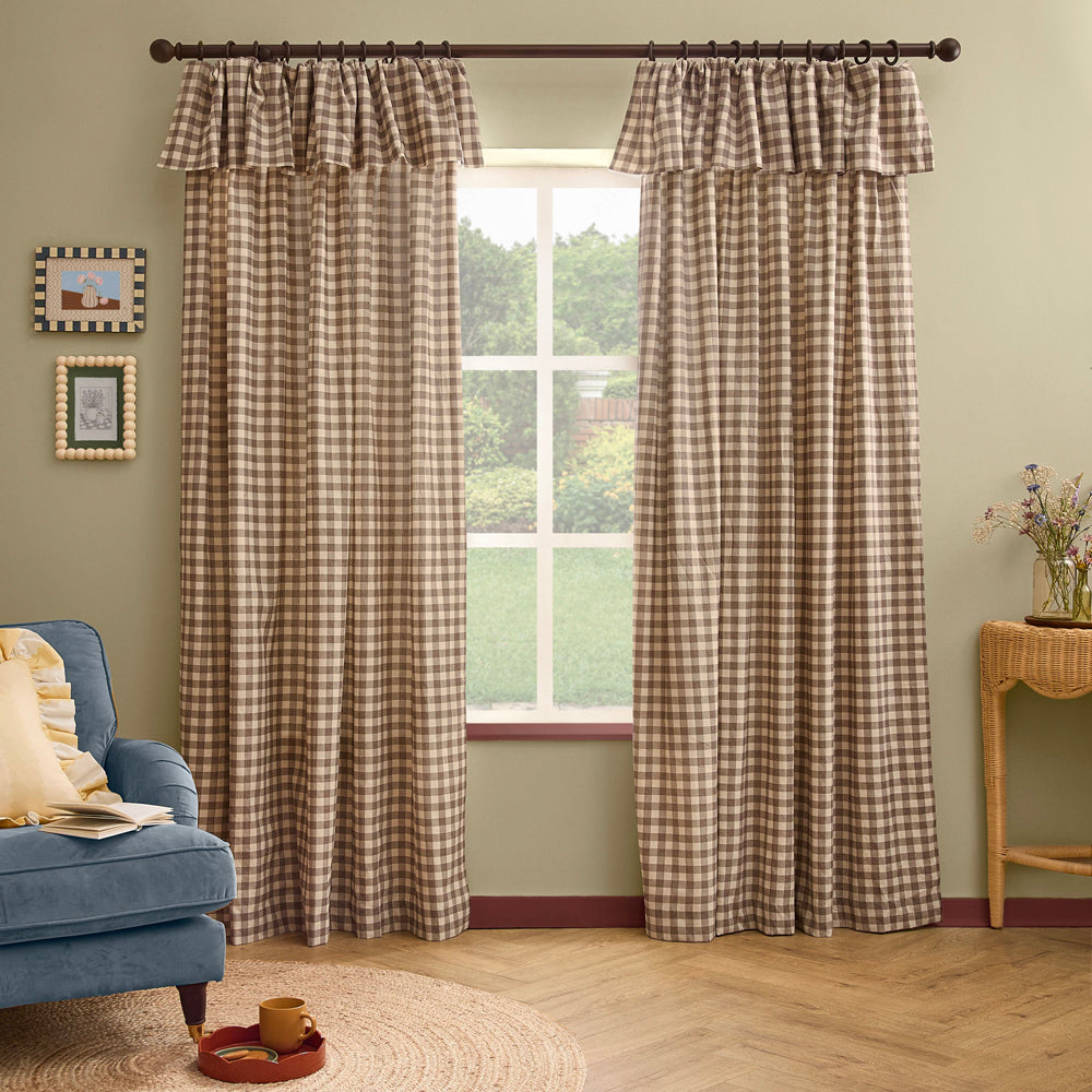Harriet Gingham Printed Fully Lined Curtains Buttermilk/Chocolate