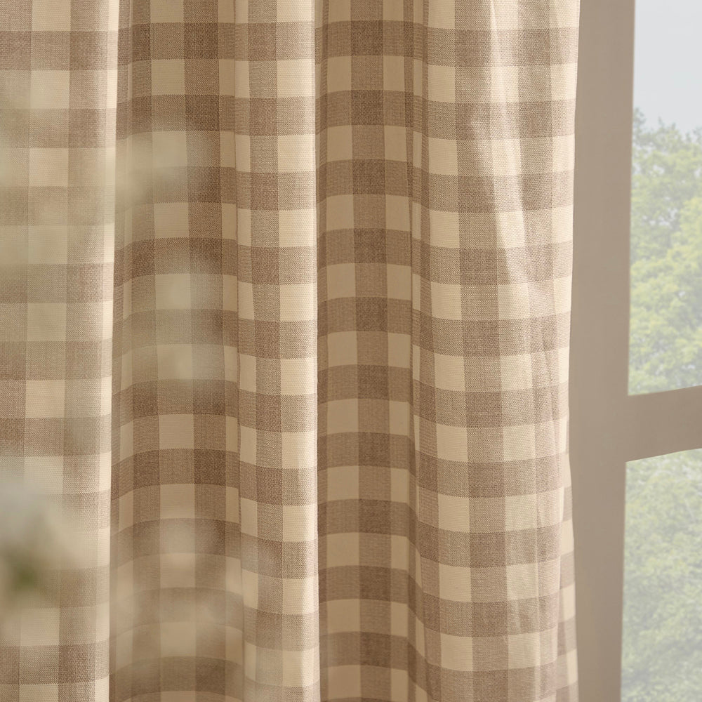 Harriet Gingham Printed Fully Lined Curtains Natural