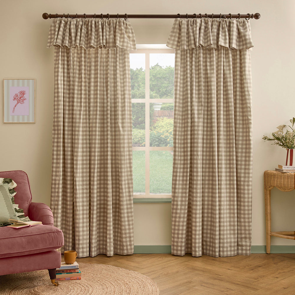 Harriet Gingham Printed Fully Lined Curtains Natural