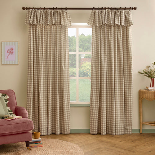 Harriet Gingham Printed Fully Lined Curtains Natural