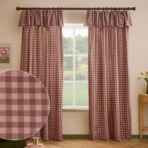 Harriet Gingham Printed Fully Lined Curtains Rose/Chocolate