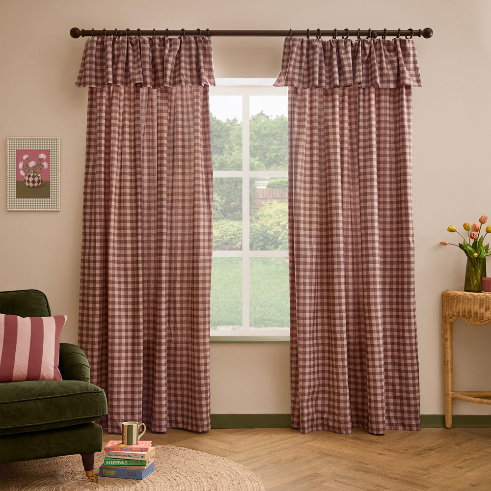 Harriet Gingham Printed Fully Lined Curtains Rose/Chocolate
