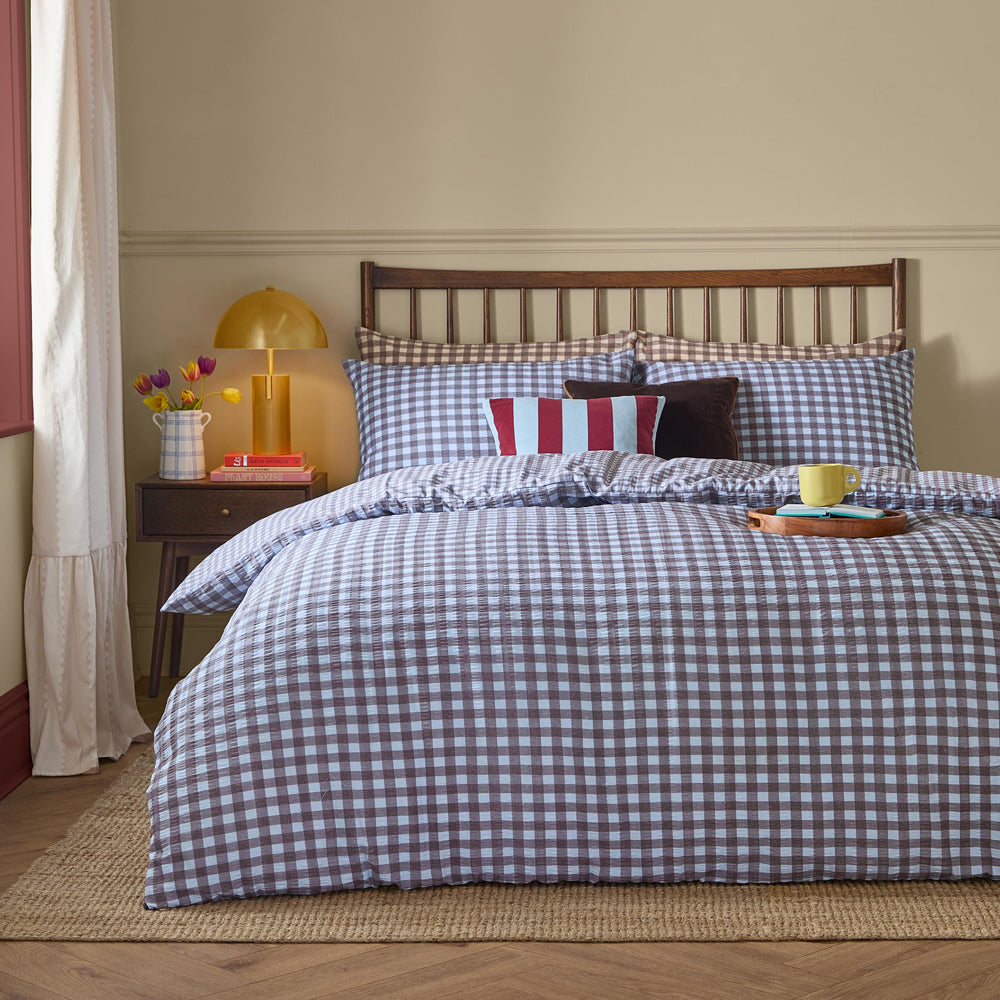 Check Blue Bedding - Harriet Gingham Reversible Seersucker Duvet Cover Set Blue/Chocolate Furn