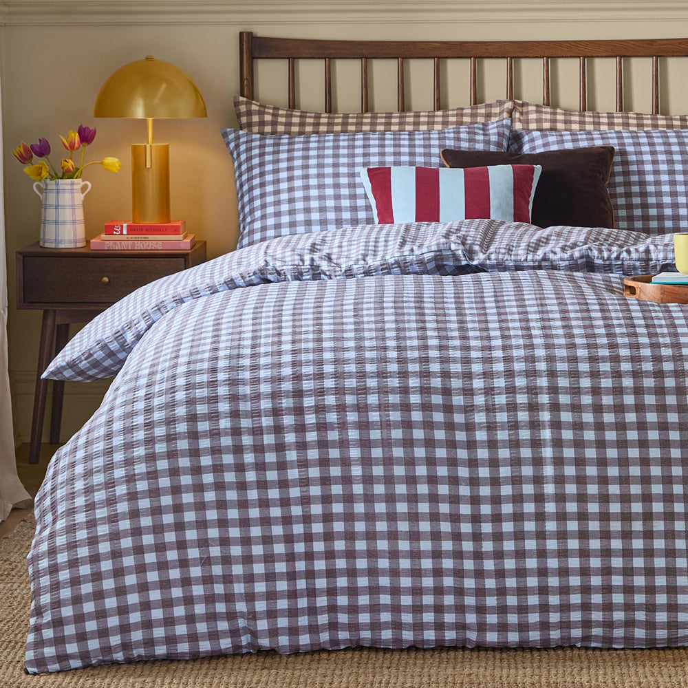Harriet Gingham Reversible Seersucker Duvet Cover Set Blue/Chocolate