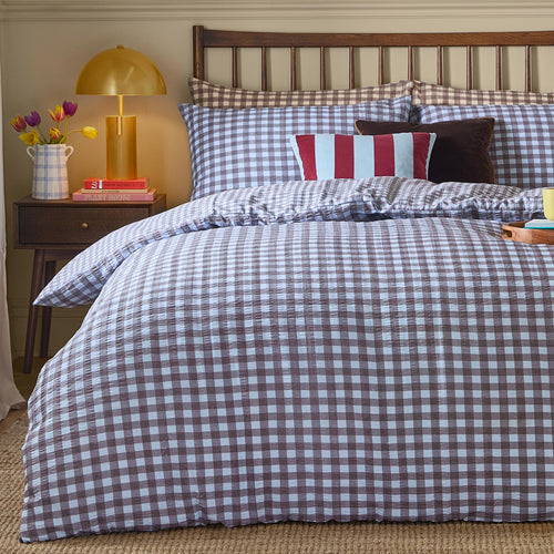Harriet Gingham Reversible Seersucker Duvet Cover Set Blue/Chocolate