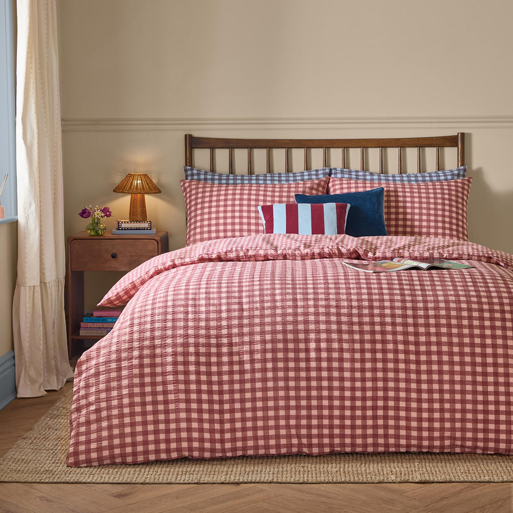 Harriet Gingham Reversible Seersucker Duvet Cover Set Burgundy/Blossom