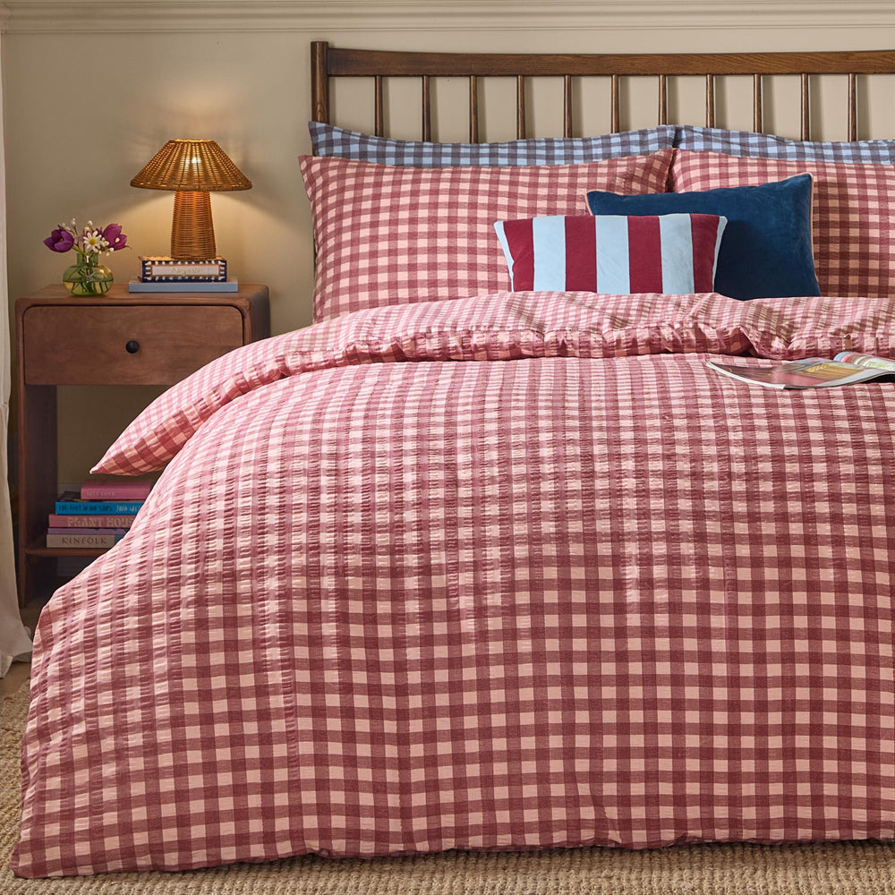 Harriet Gingham Reversible Seersucker Duvet Cover Set Burgundy/Blossom
