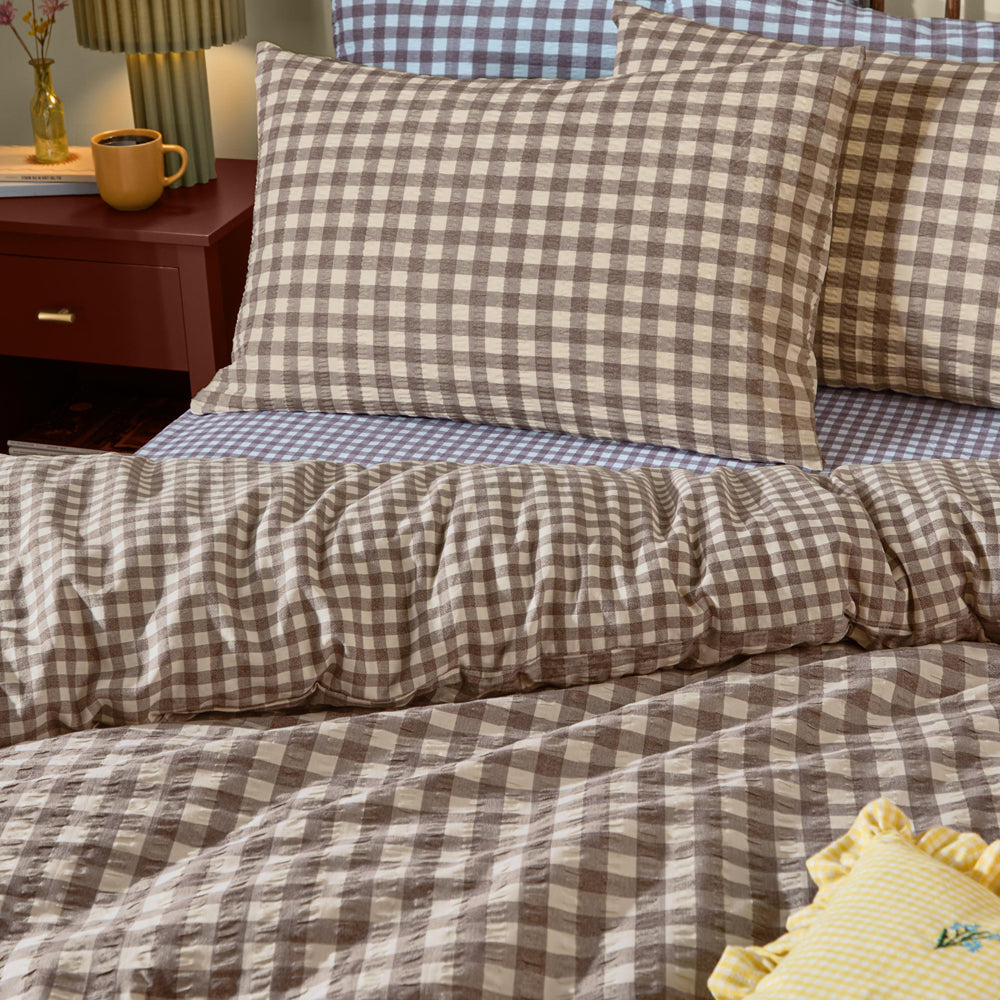 Harriet Gingham Reversible Seersucker Duvet Cover Set Buttermilk/Chocolate