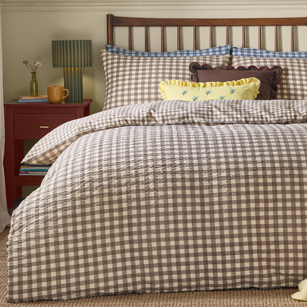 Harriet Gingham Reversible Seersucker Duvet Cover Set Buttermilk/Chocolate