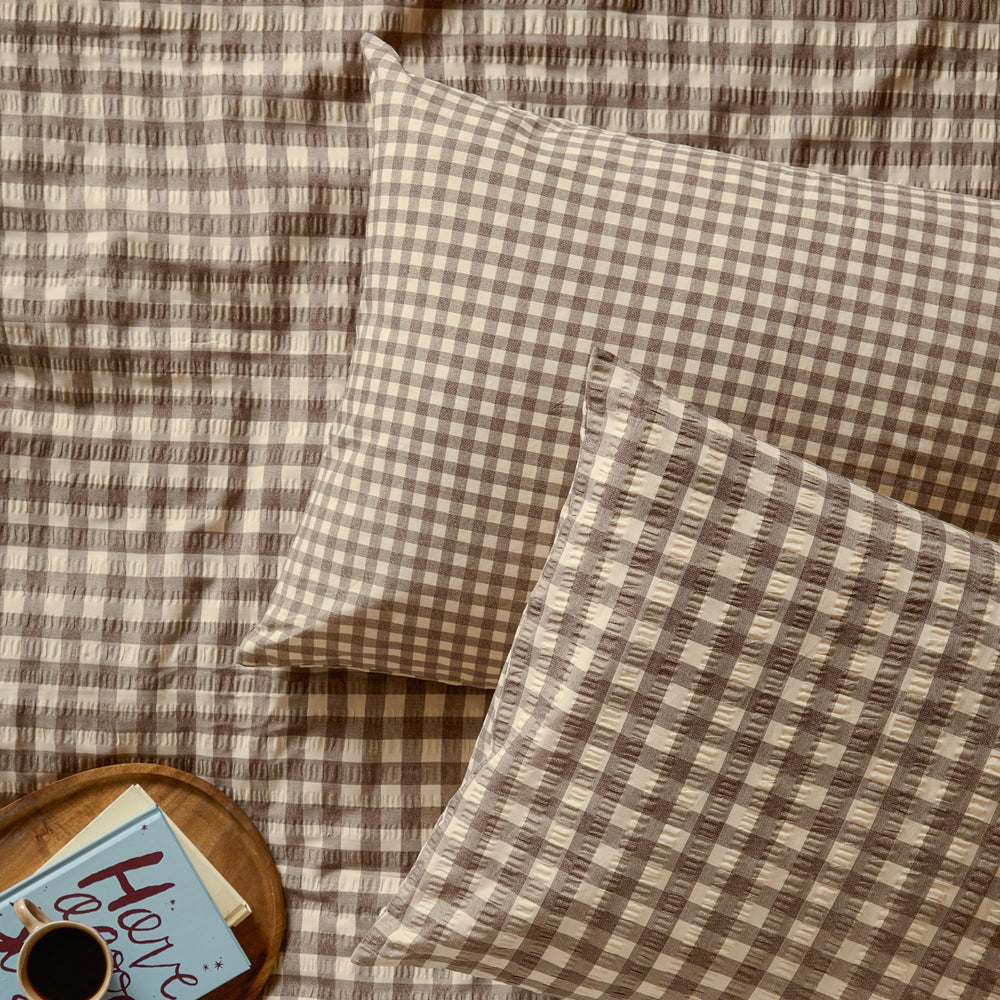 Harriet Gingham Reversible Seersucker Duvet Cover Set Buttermilk/Chocolate