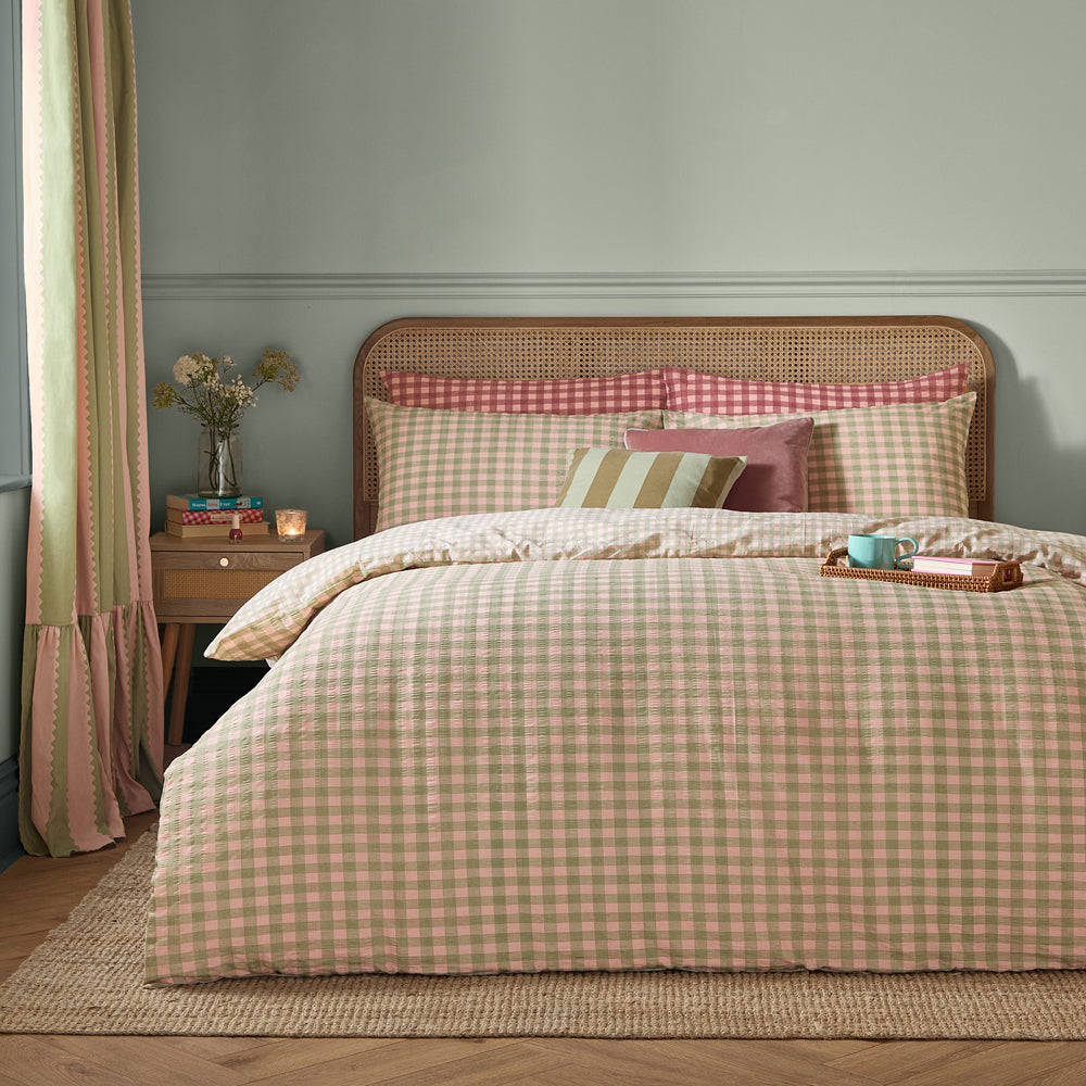 Check Green Bedding - Harriet Gingham Reversible Seersucker Duvet Cover Set Pink/Green Furn