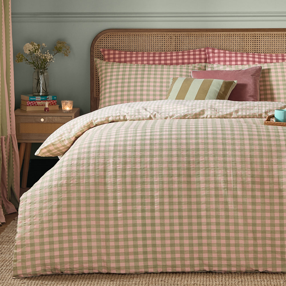Harriet Gingham Reversible Seersucker Duvet Cover Set Pink/Green