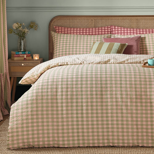 Harriet Gingham Reversible Seersucker Duvet Cover Set Pink/Green