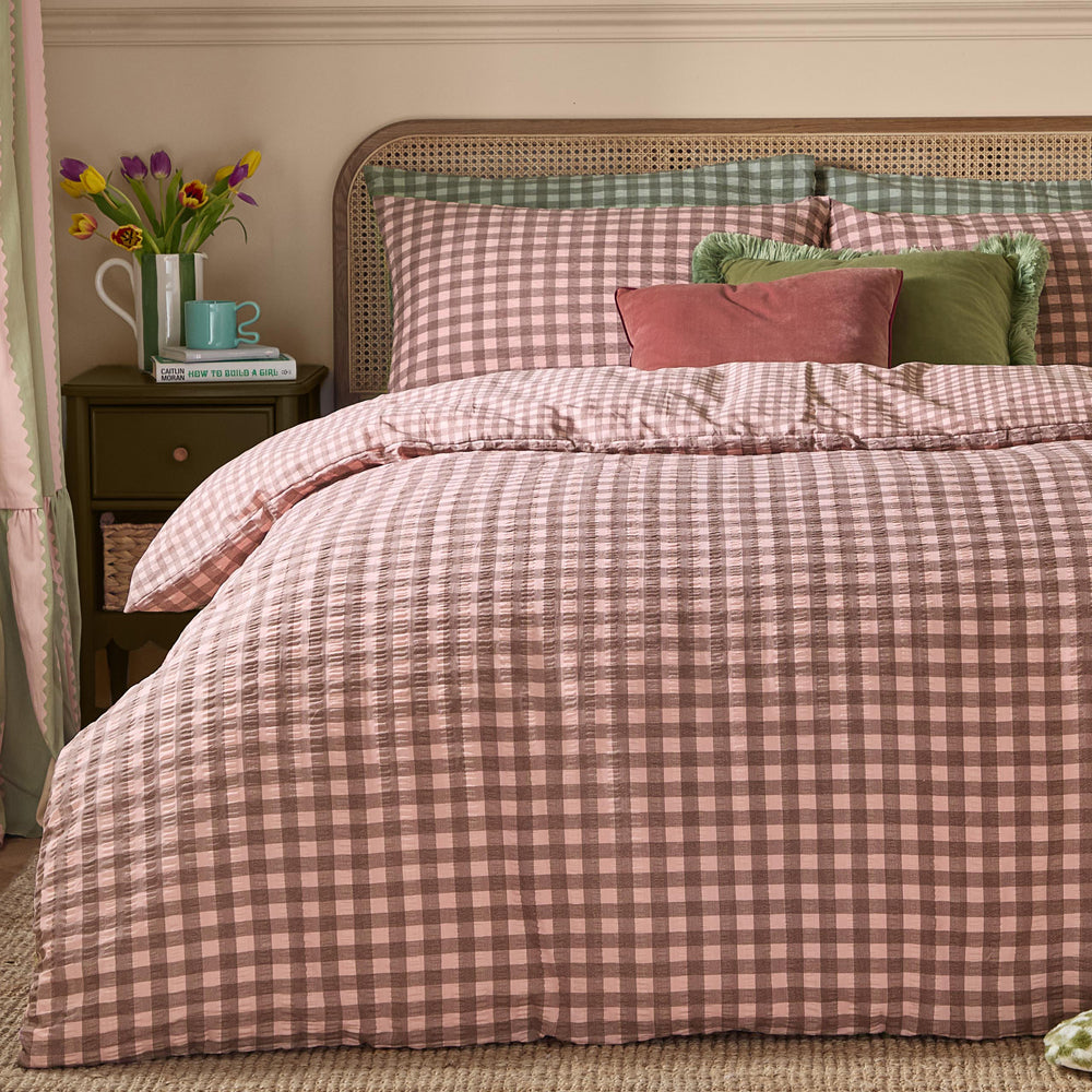 Harriet Gingham Reversible Seersucker Duvet Cover Set Rose/Chocolate