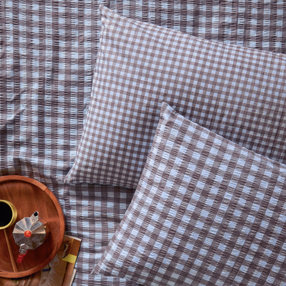 Check Blue Bedding - Harriet Gingham Reversible Seersucker Pillowcase Pair Blue/Chocolate Furn