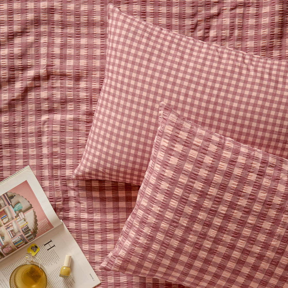 Check Red Bedding - Harriet Gingham Reversible Seersucker Pillowcase Pair Burgundy/Blossom Furn