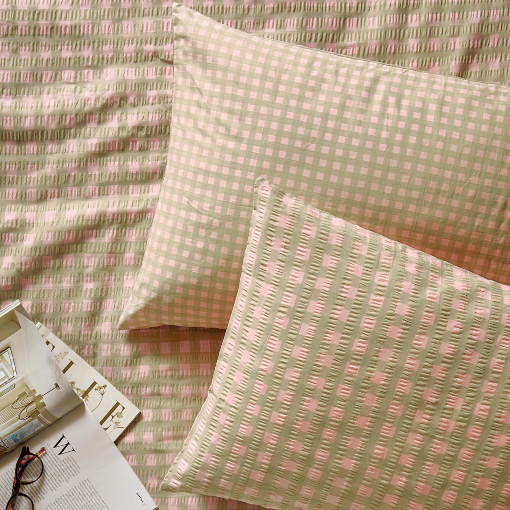 Check Green Bedding - Harriet Gingham Reversible Seersucker Pillowcase Pair Pink/Green Furn