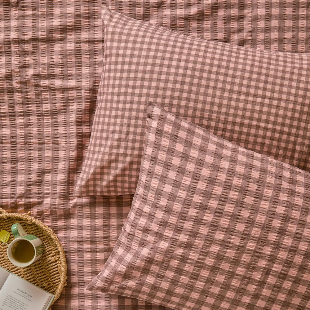 Check Pink Bedding - Harriet Gingham Reversible Seersucker Pillowcase Pair Rose/Chocolate Furn