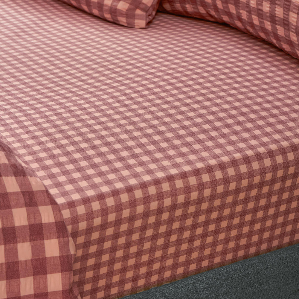Harriet Gingham 100% Cotton Fitted Sheet Burgundy/Blossom