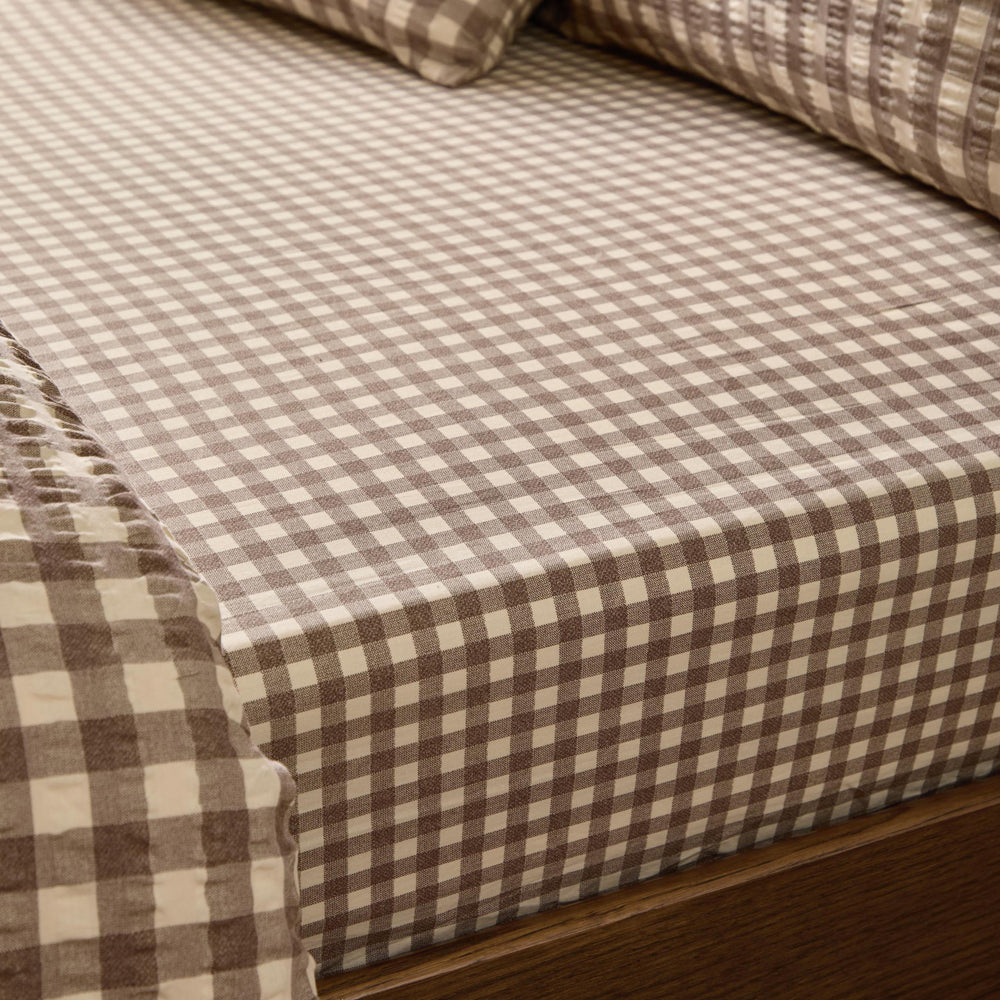 Harriet Gingham 100% Cotton Fitted Sheet Buttermilk/Chocolate