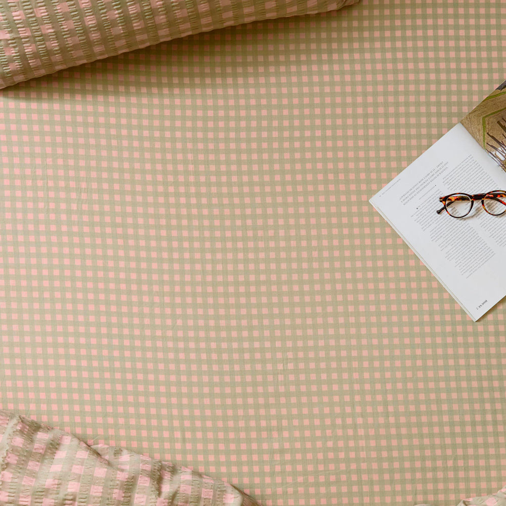 Check Green Bedding - Harriet Gingham 100% Cotton Fitted Sheet Pink/Green Furn