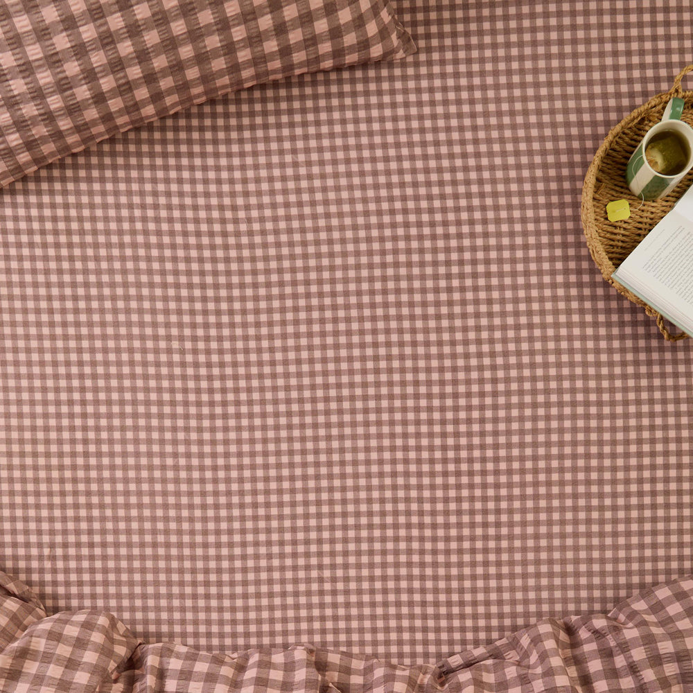 Check Pink Bedding - Harriet Gingham 100% Cotton Fitted Sheet Rose/Chocolate Furn