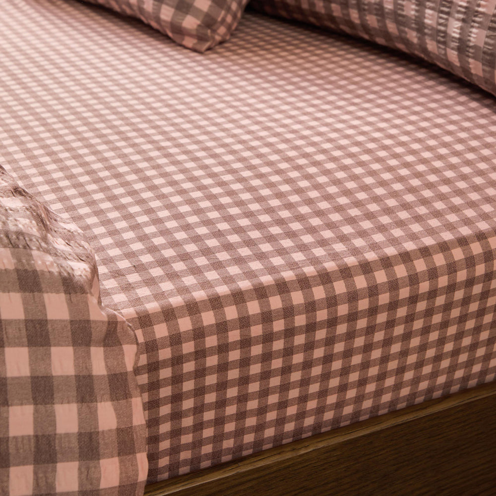 Harriet Gingham 100% Cotton Fitted Sheet Rose/Chocolate