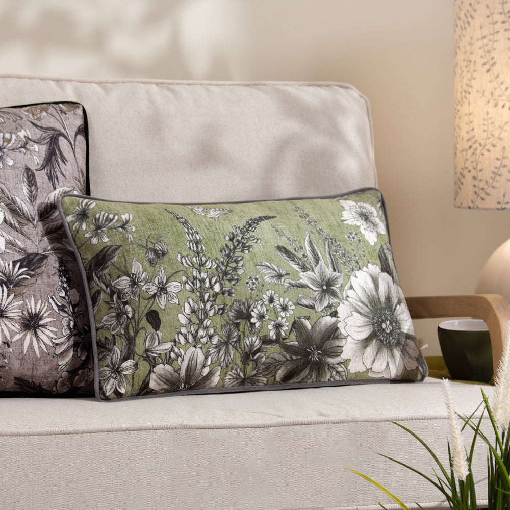 Harlington Gardenia Green Floral Piped Cushion Cover Moss Cushions Wylder Nature furn