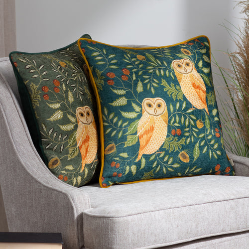 Animal Green Cushions - Hawthorn Owls Cushion Cover Bottle Evans Lichfield