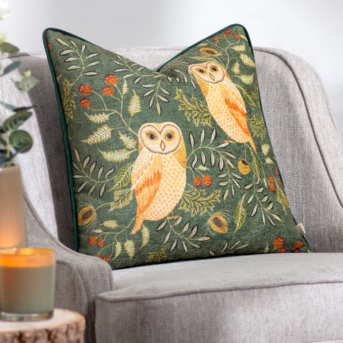 Animal Green Cushions - Hawthorn Owls Cushion Cover Bottle Evans Lichfield