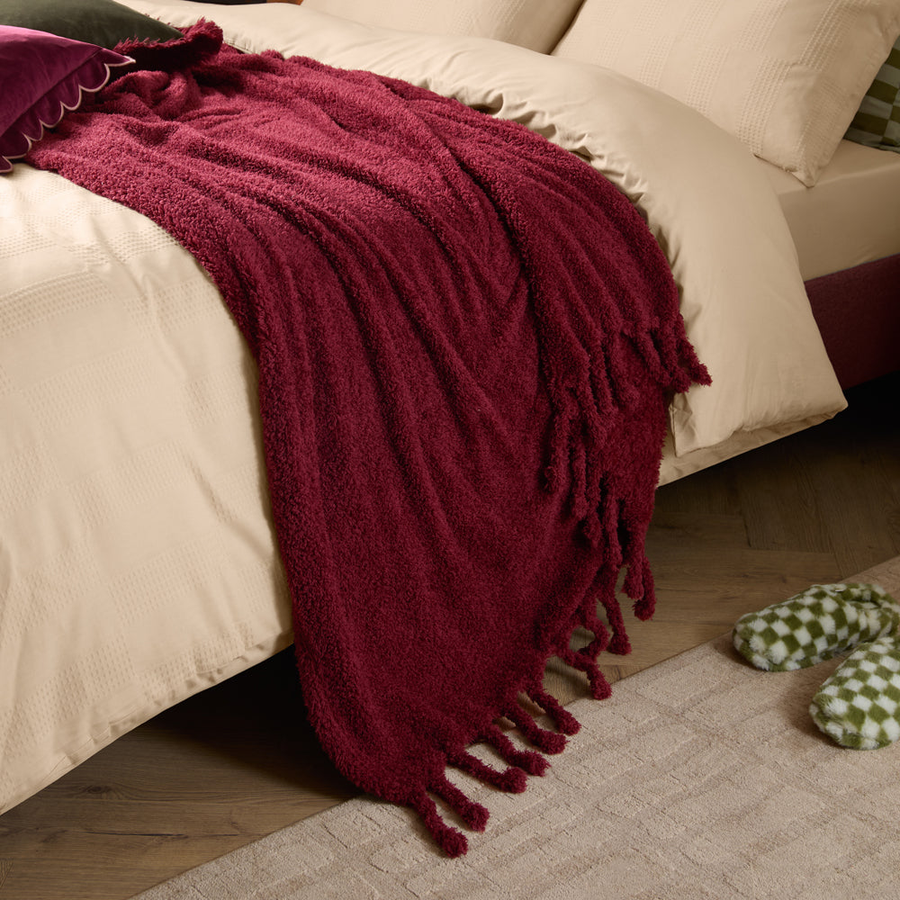 Harlan Borg Sherpa Tasselled Throw Burgundy