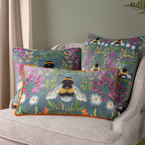 Floral Blue Cushions - House of Bloom Zinnia Bee Rectangular Cushion Cover Steel Blue Wylder