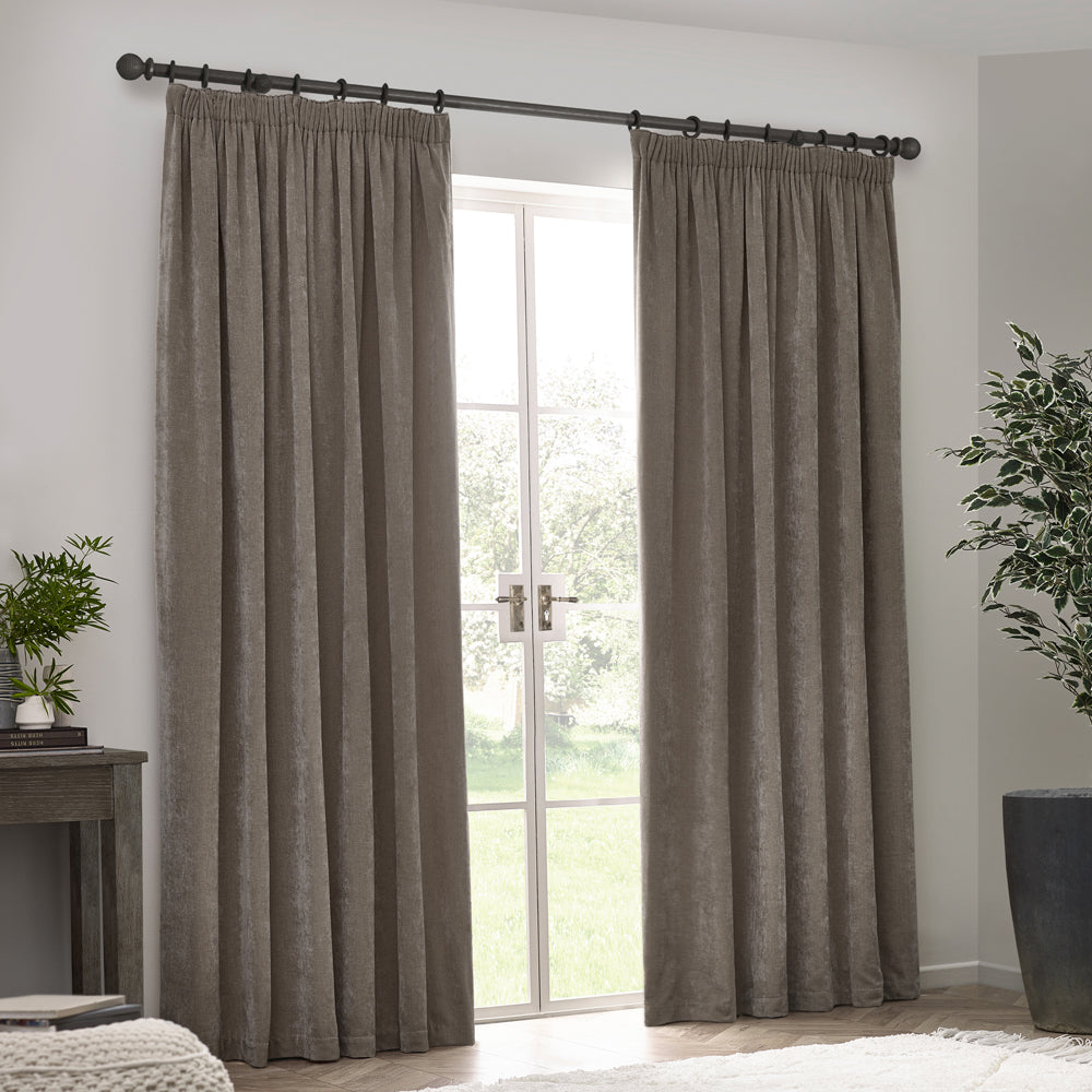 Heavy Chenille Blackout Pencil Pleat Curtains Greige