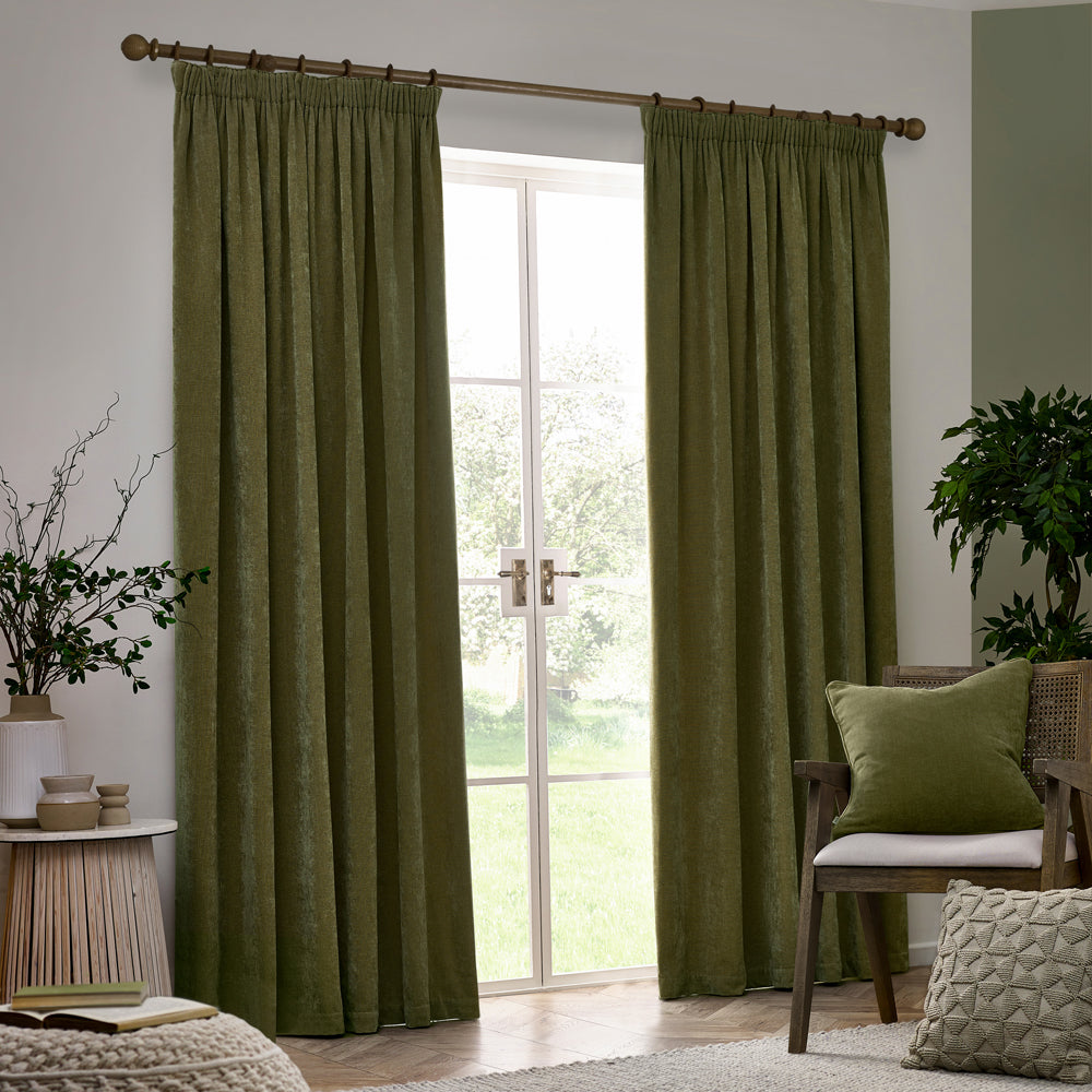 Heavy Chenille Blackout Pencil Pleat Curtains Olive