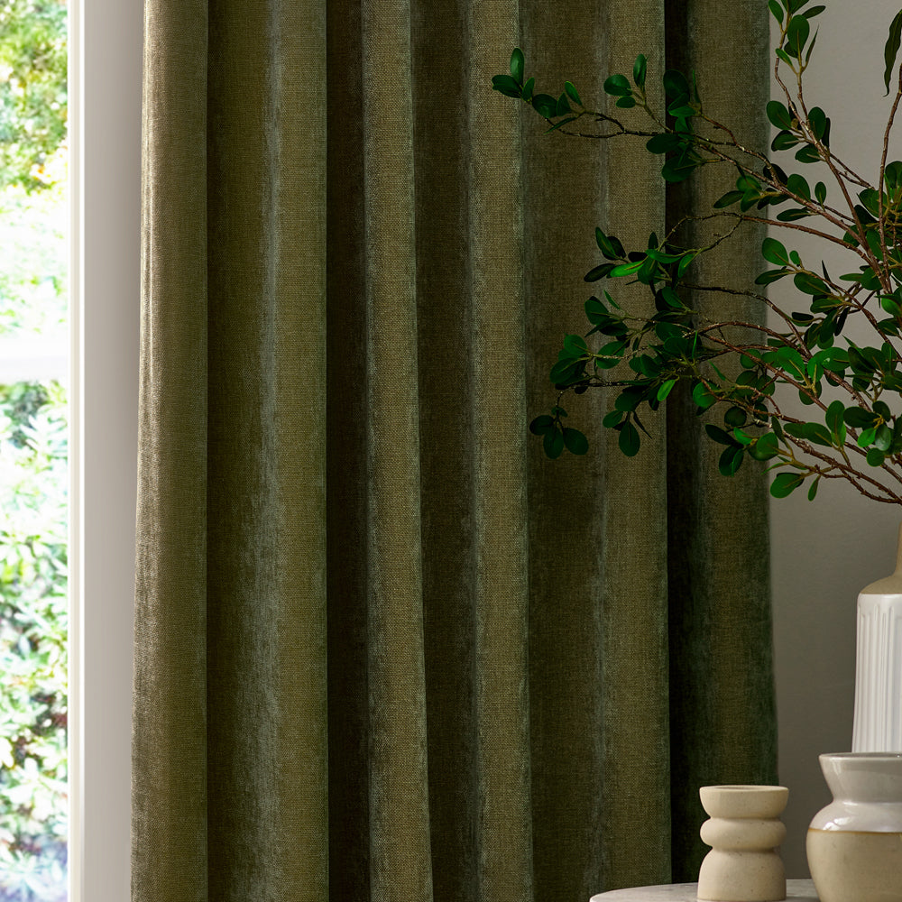Heavy Chenille Blackout Pencil Pleat Curtains Olive