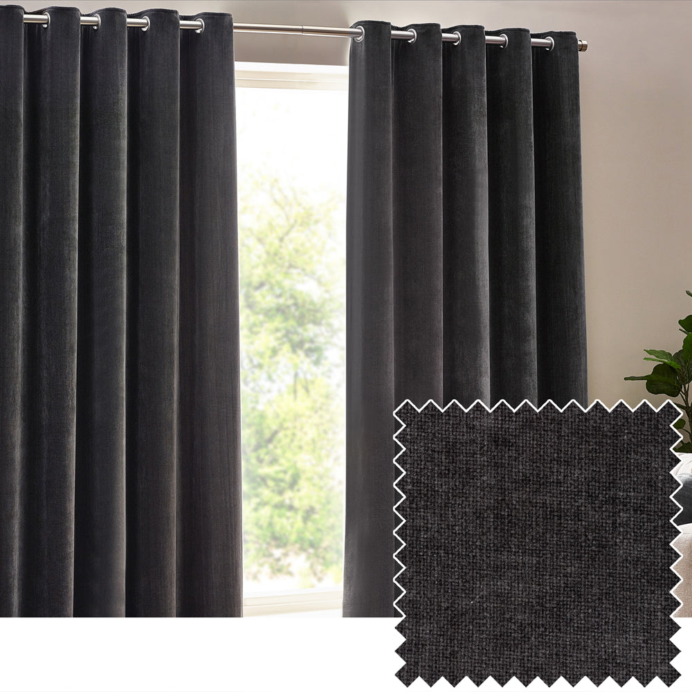 Heavy Chenille Blackout Eyelet Curtains Charcoal