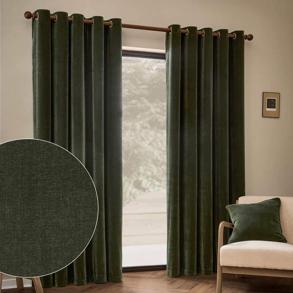 Plain Green Curtains - Heavy Chenille Fully Lined Velvet Eyelet Curtains Lichen Yard