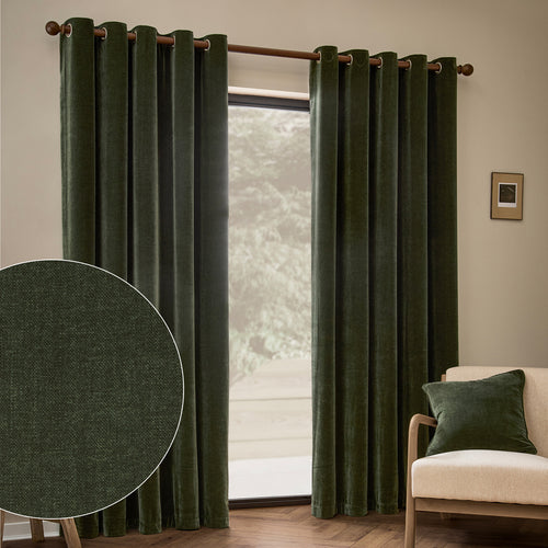Heavy Chenille Fully Lined Velvet Eyelet Curtains Lichen