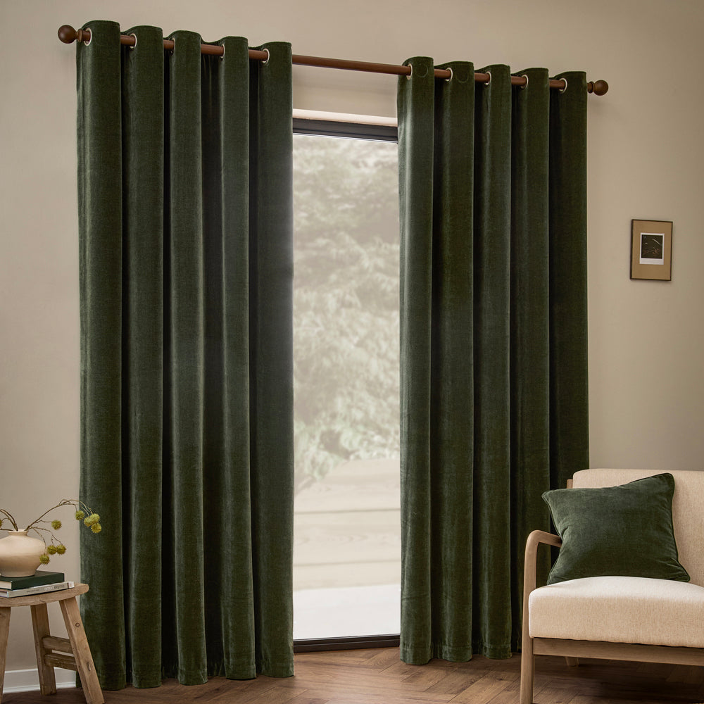Heavy Chenille Fully Lined Velvet Eyelet Curtains Lichen