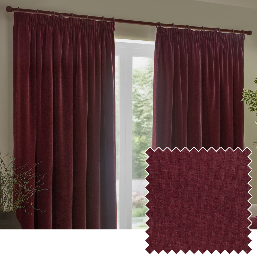 Heavy Chenille Fully Lined Velvet Pencil Pleat Curtains Beetroot
