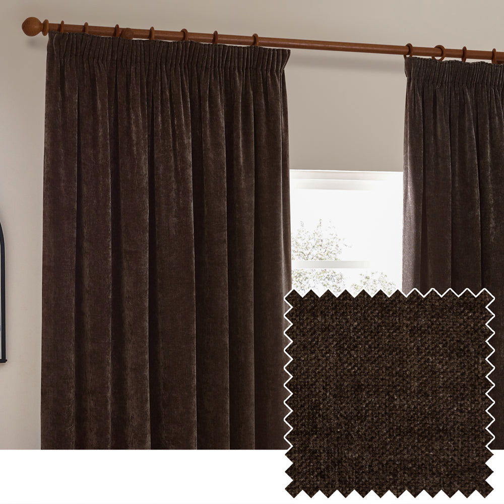 Heavy Chenille Fully Lined Velvet Pencil Pleat Curtains Brown