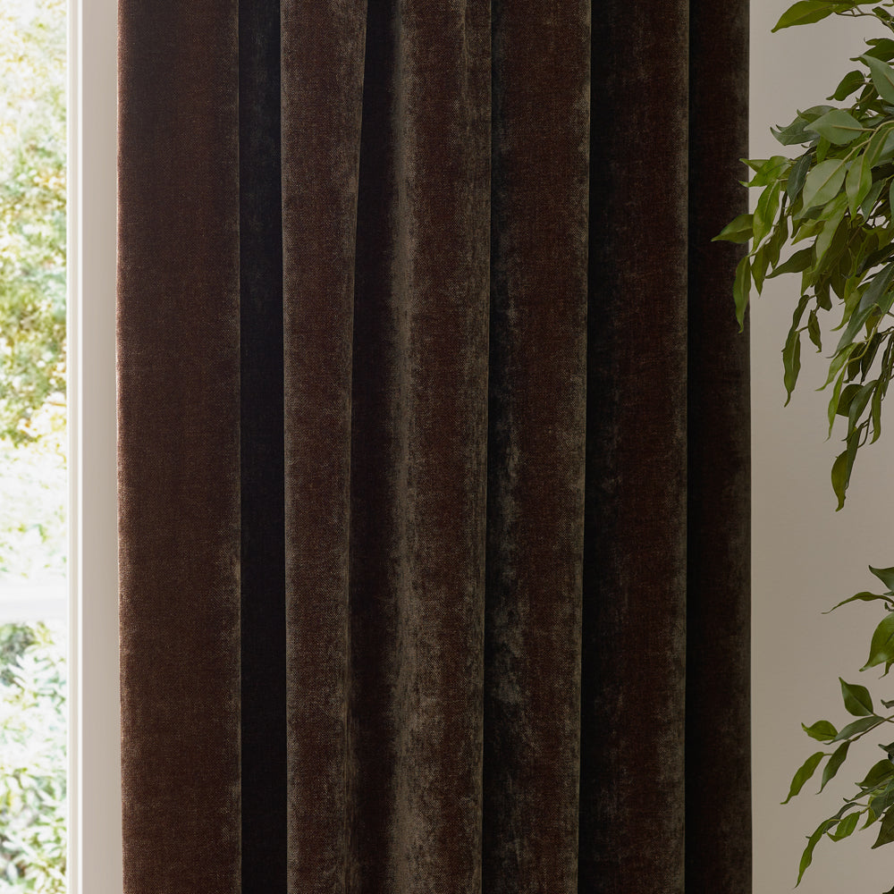Heavy Chenille Fully Lined Velvet Pencil Pleat Curtains Brown