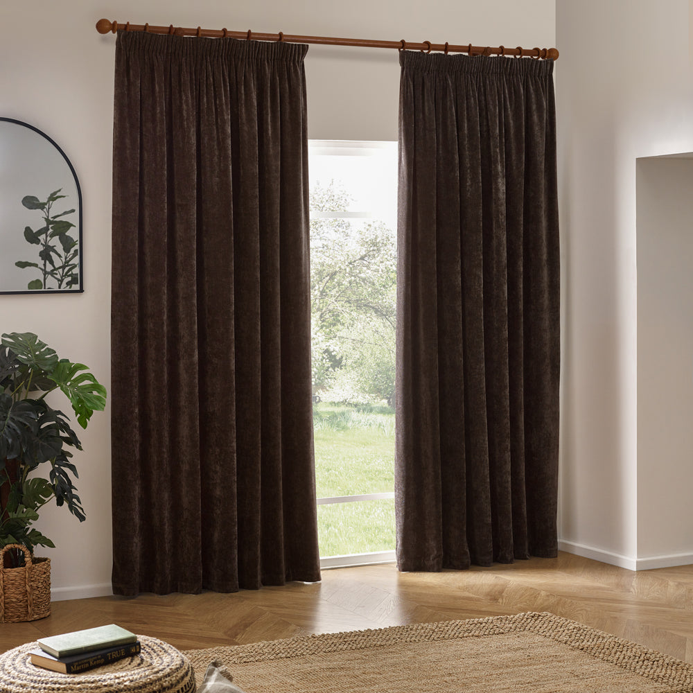 Heavy Chenille Fully Lined Velvet Pencil Pleat Curtains Brown